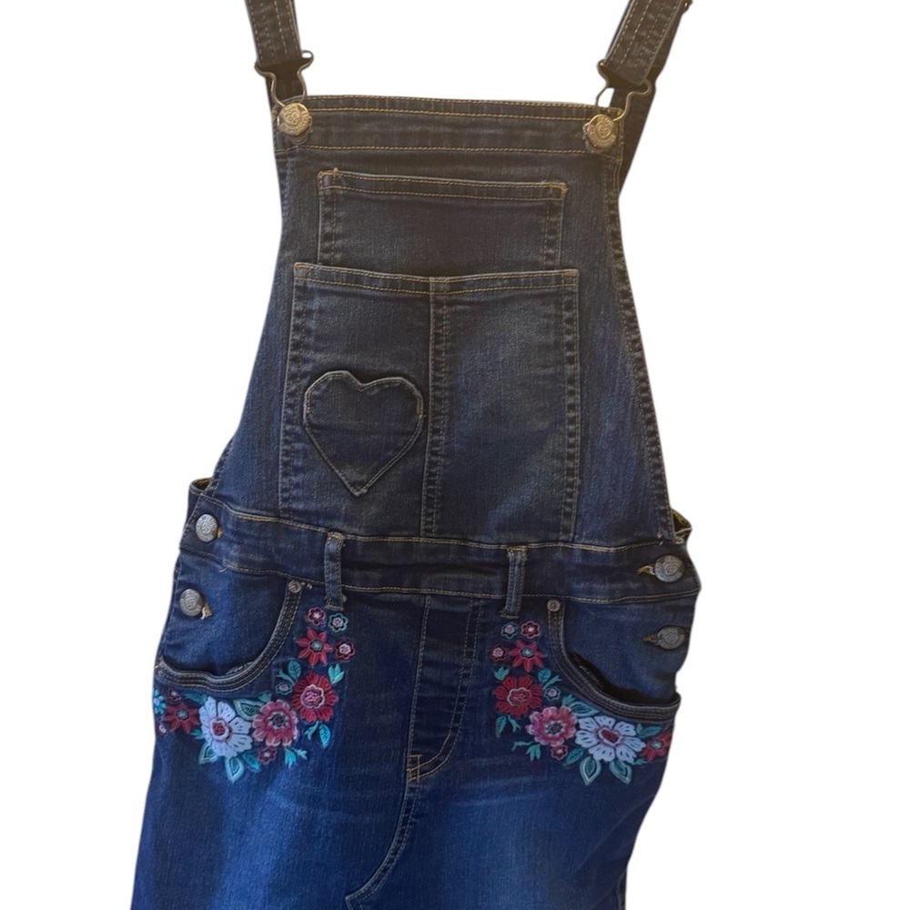 Girls Embroidered Denim Overalls Skirt with Floral Design